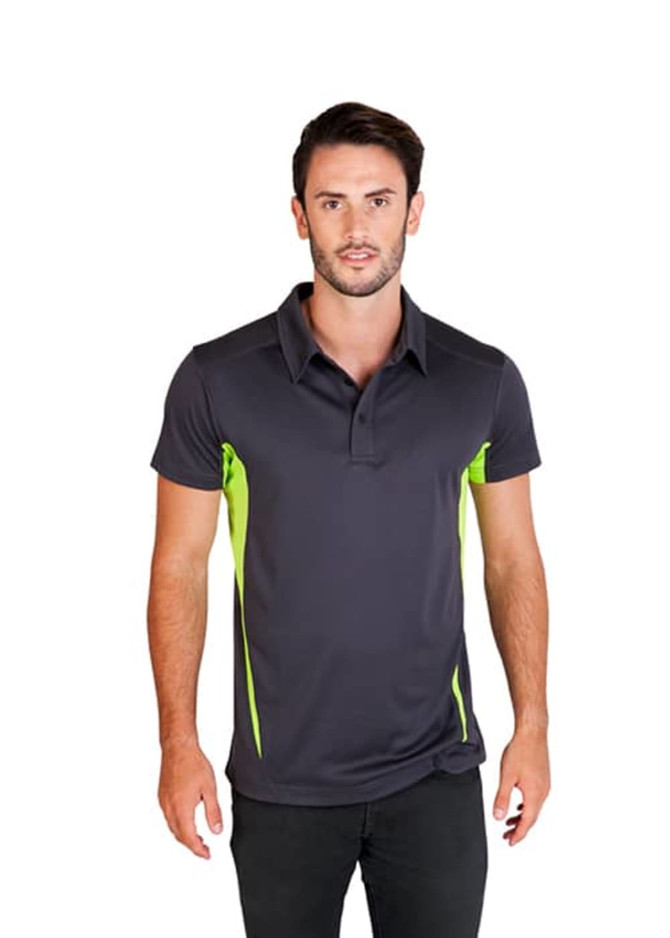 A men's polo shirt in dark grey with bright green accents and a collar, featuring a logo.