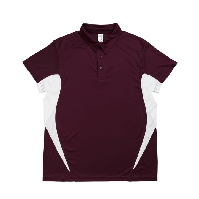 A maroon polo shirt with white accents and a collar, featuring a logo on the chest.