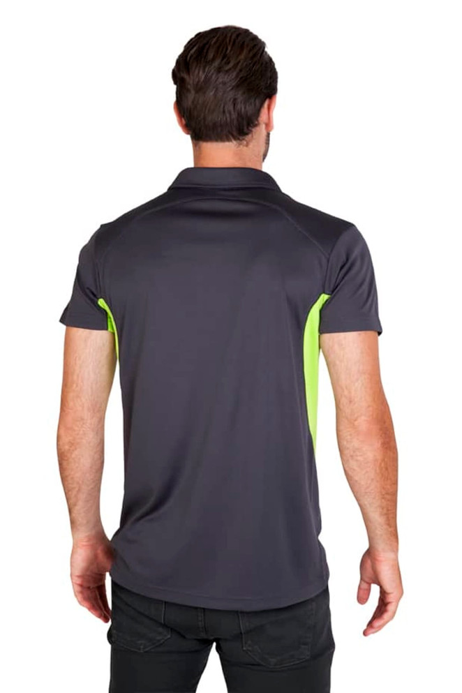 A men's polo shirt in dark grey with vibrant green accents and a logo on the back.