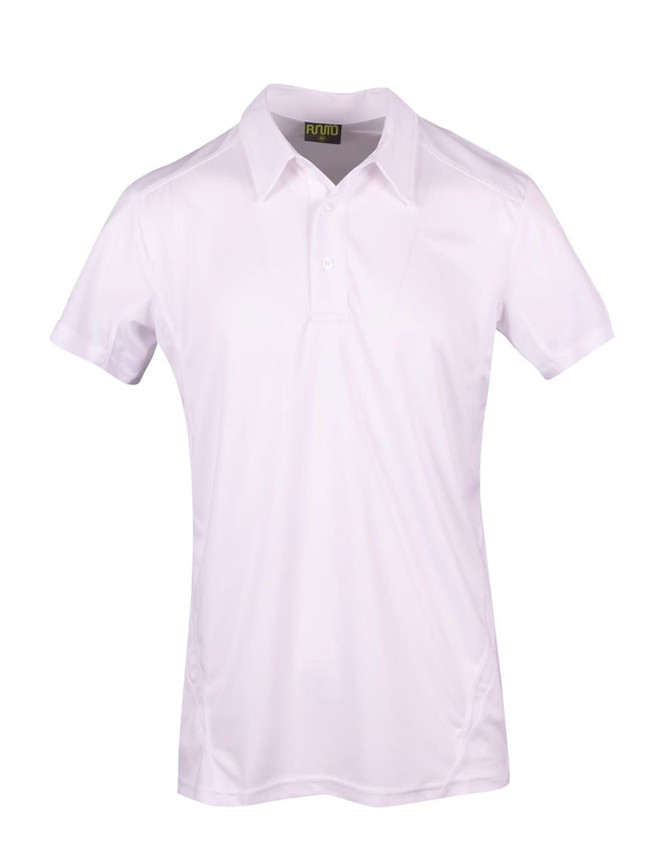 A white polyester polo shirt featuring a collar and a logo. Suitable for casual or active wear.