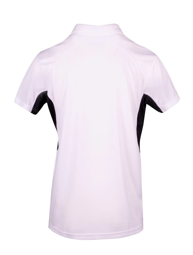 A white and black men's polyester polo shirt featuring a logo, showcasing a simple back design.
