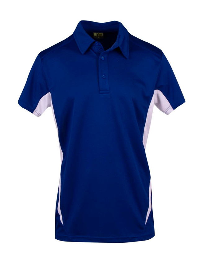 A blue and white men's polo shirt with a collar and short sleeves, featuring a logo on the front.