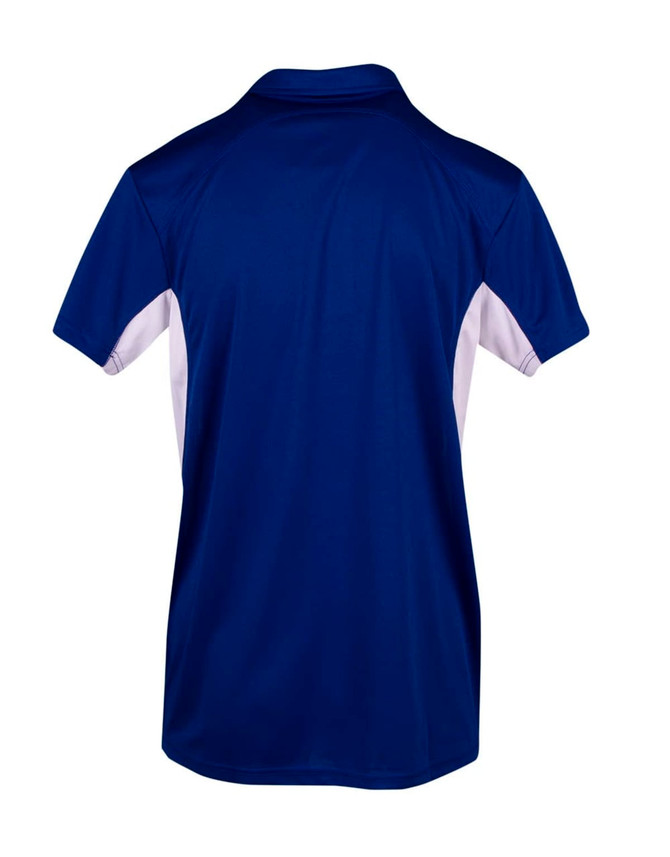 A navy blue men's polo shirt with white accents on the sides and a collar, featuring a logo.