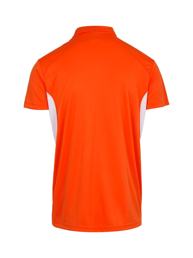 A polyester polo shirt in vibrant orange with white side panels. Features a collar and logo on the chest.