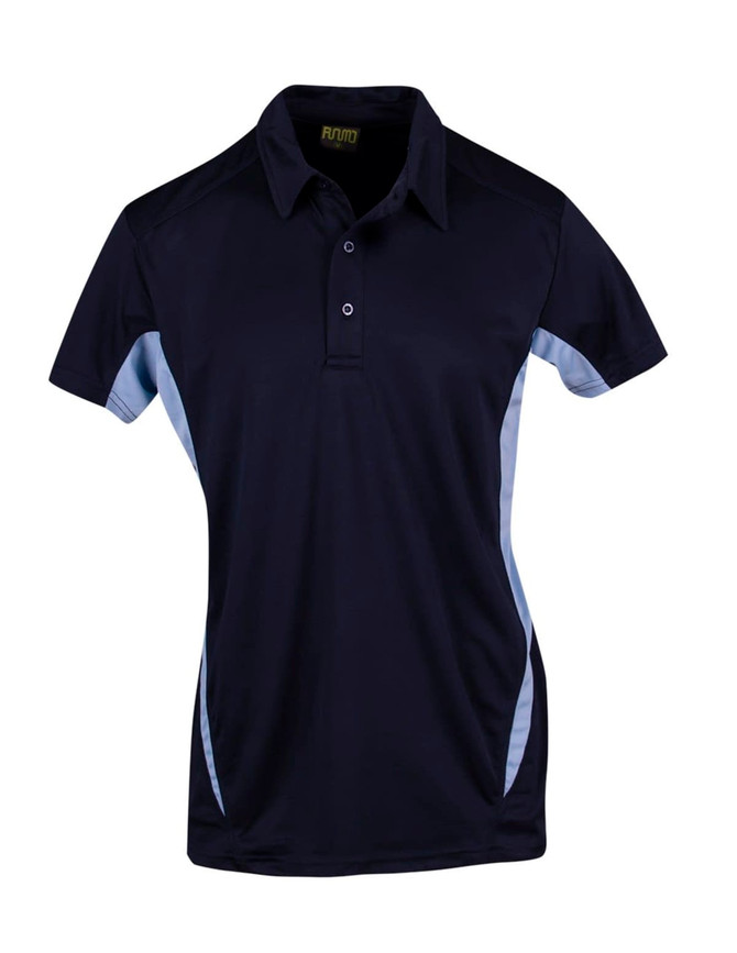 A navy blue polo shirt with light blue side panels and a logo on the chest. Features a collar and buttons.