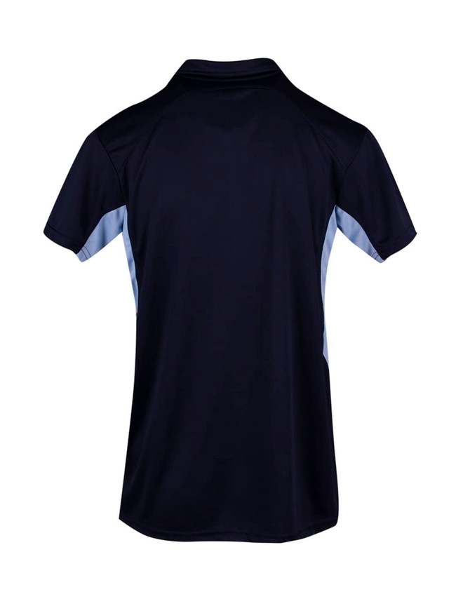 A navy blue polyester polo shirt featuring light blue accents and a logo.