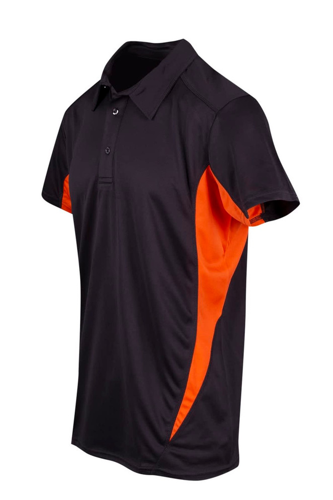 A black and orange polyester polo shirt featuring a logo on the chest and a sporty design.