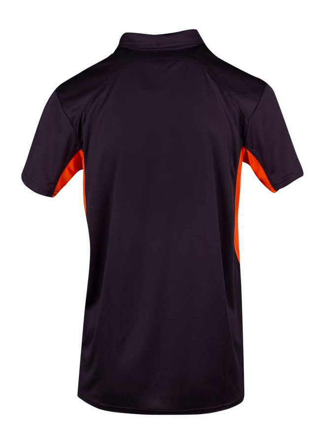 A black polo shirt with orange accents, featuring a logo on the back. 