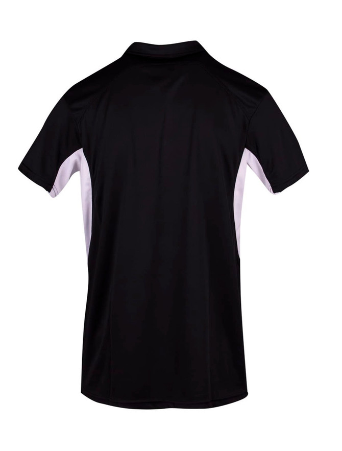 A black polyester polo shirt with white side panels and a logo on the back.
