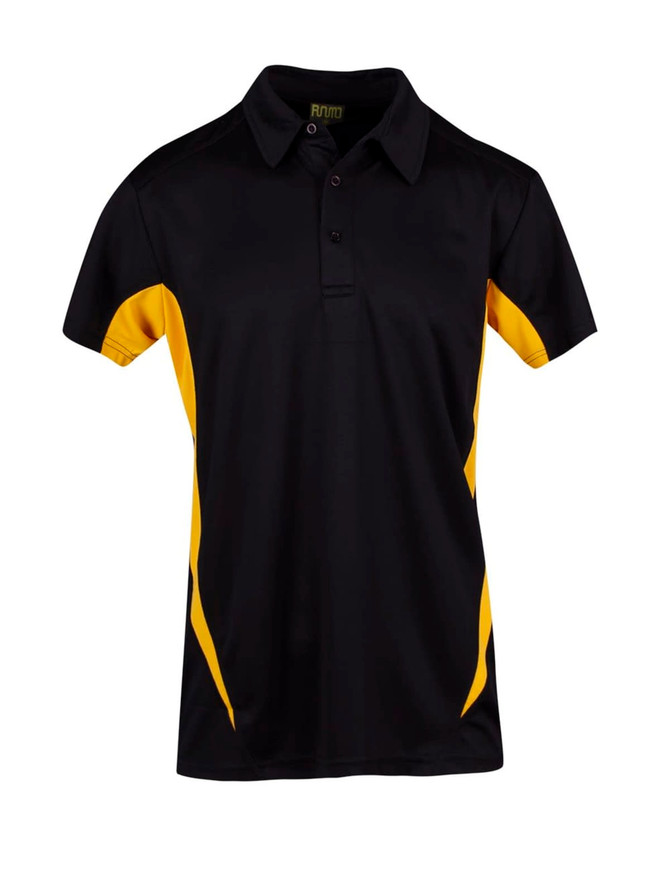 A black polyester polo shirt with yellow accents and a logo on the chest.