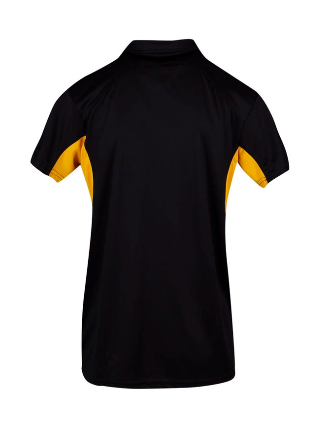 A black and yellow men's polo shirt with a short-sleeve design and logo on the back.