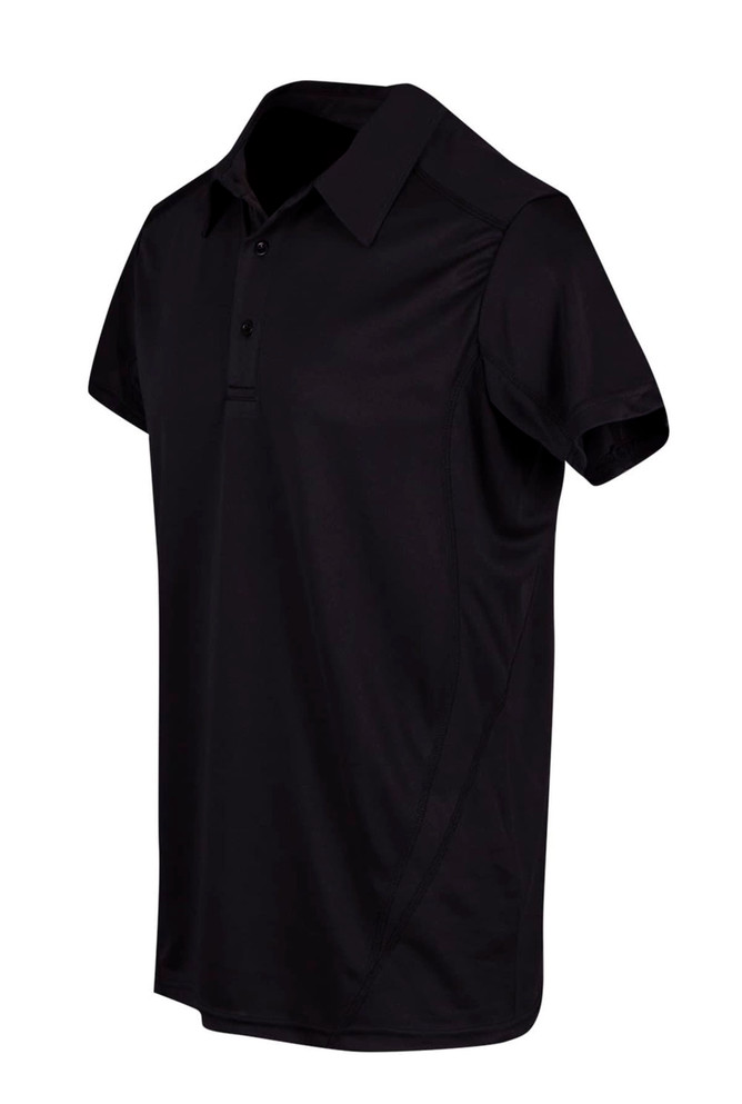 A short-sleeved black polyester polo shirt featuring a collar and a logo on the front.