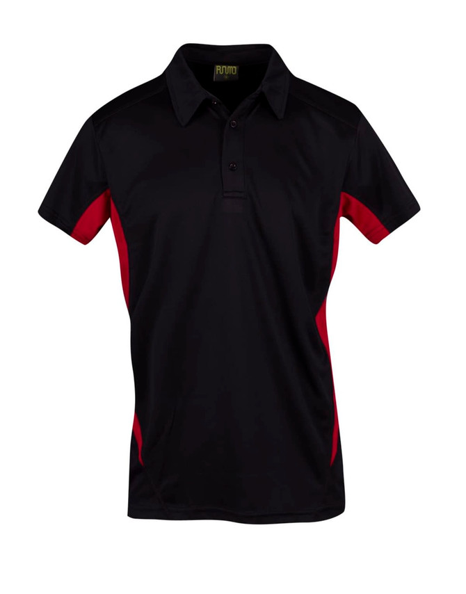 A black polo shirt with red side panels and a collar, featuring a logo on the front.