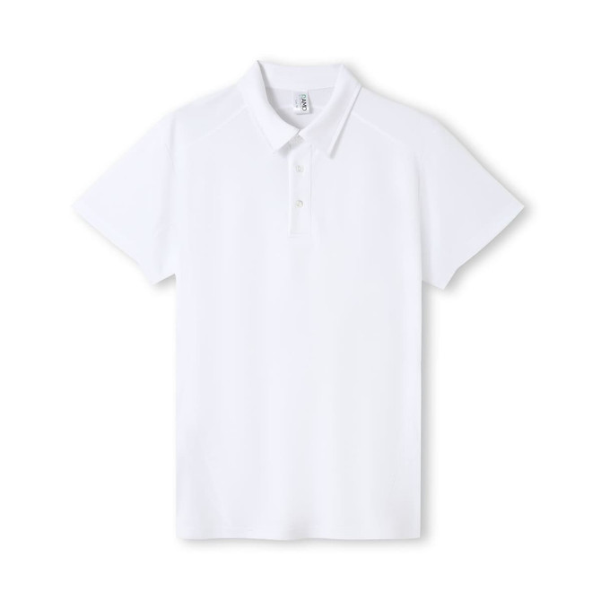 A white men's polyester polo shirt with a collar and a logo. The shirt has short sleeves and a classic fit.