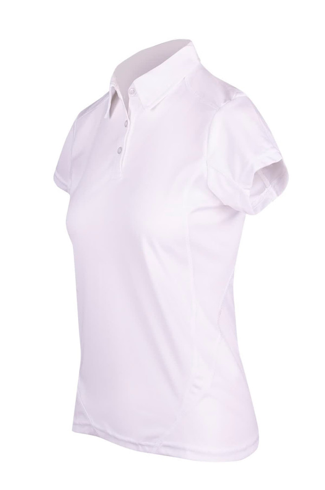 A white women's polyester polo shirt featuring a collar and short sleeves, with a logo on the chest.