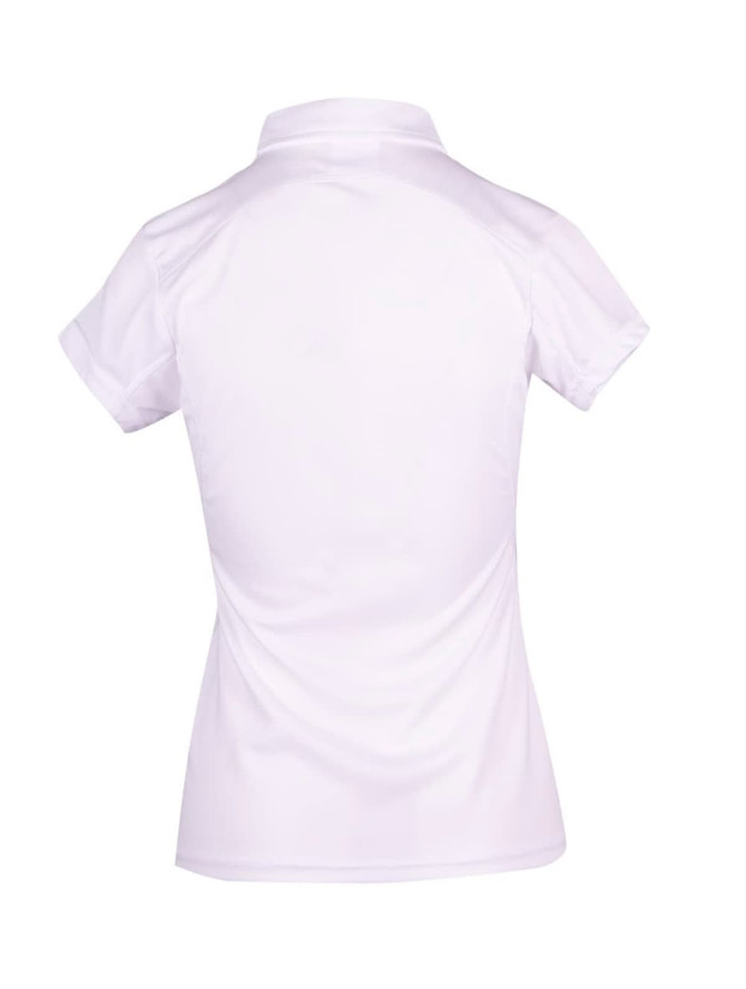 A white women's polyester polo shirt featuring a collar and short sleeves, with a small branding logo.