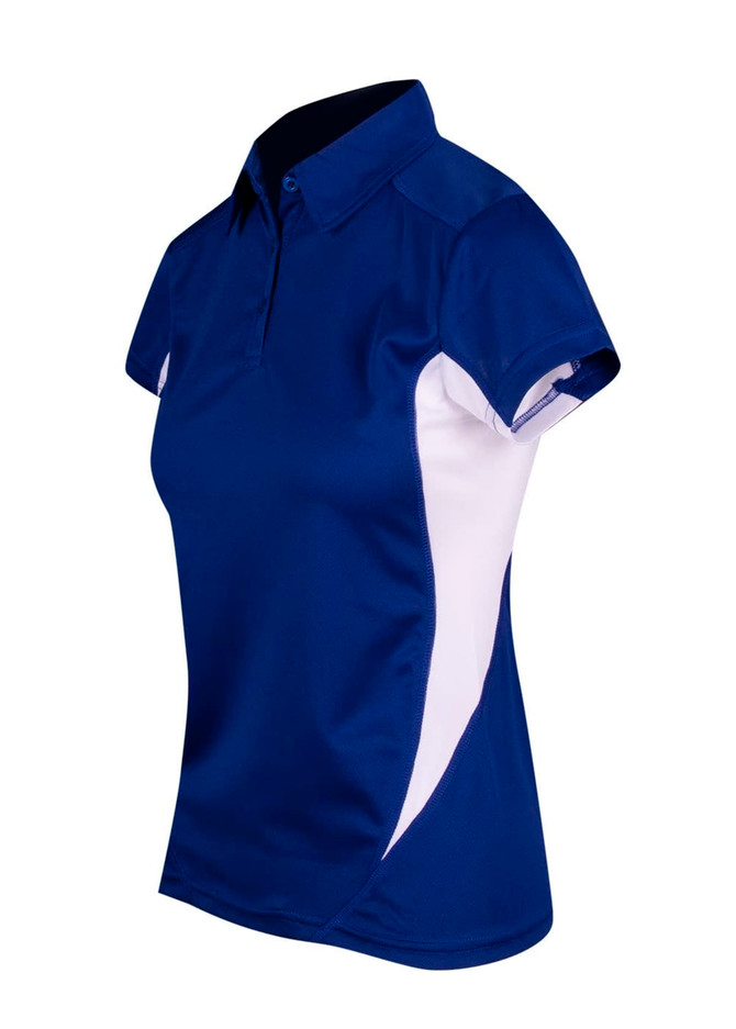 A women's polo shirt in navy blue with white side panels and a collar. The shirt also features a logo.
