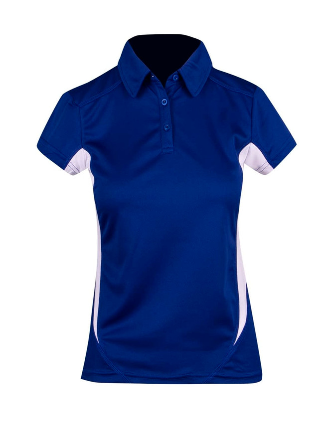 A women's polo shirt in navy blue with white side accents and a collar, featuring a logo.