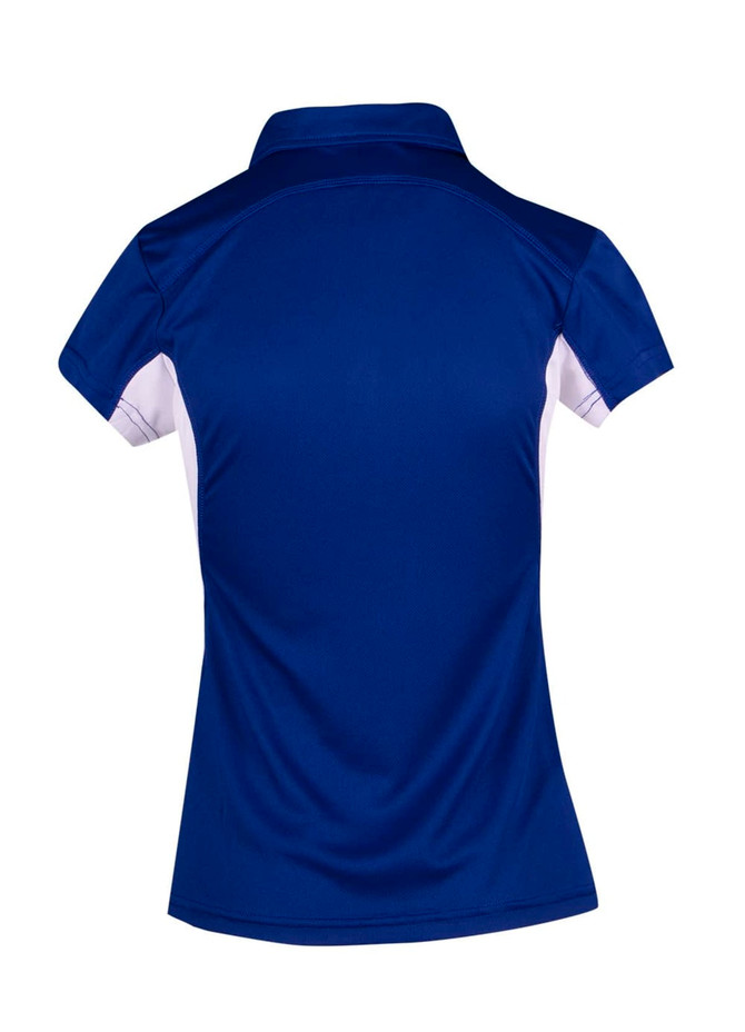 A women's polyester polo shirt in navy blue with white accents, featuring a collared neck and a fitted style.