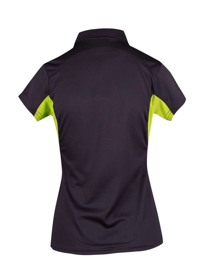 A women's polo shirt in navy with bright green accents, featuring a logo on the back.
