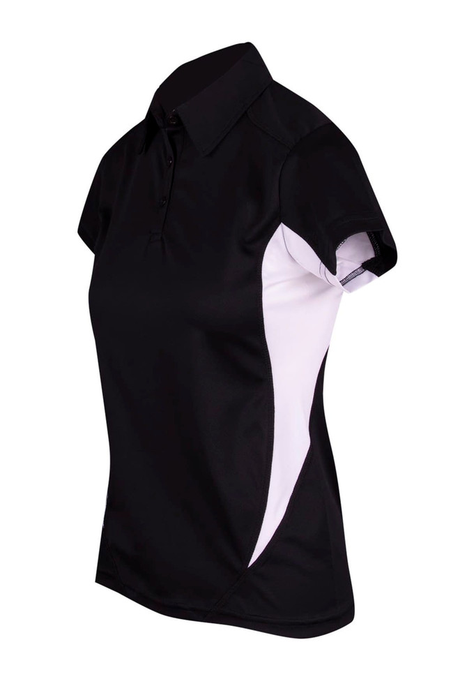 A black and white women's polo shirt with a collar and short sleeves. The shirt features a logo.