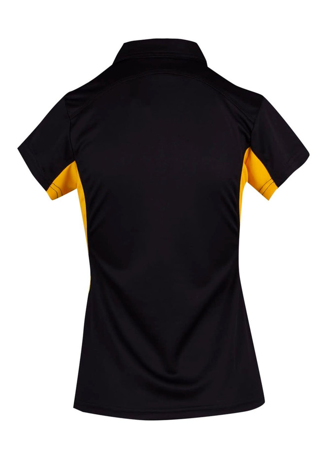 A women's polyester polo shirt in black and yellow, featuring a collar and short sleeves. It has a logo on the front.