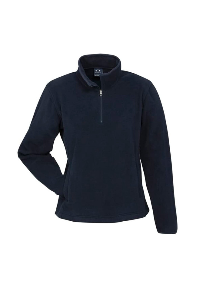 A navy polar fleece jacket with a quarter zip and a collar. It features a logo on the chest.