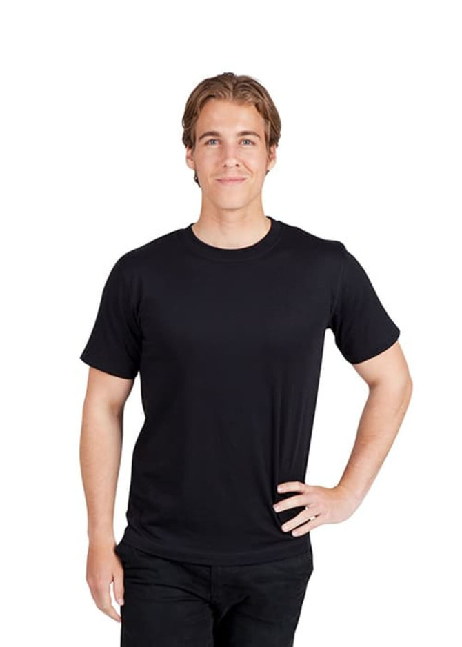 A black modern fit unisex t-shirt displayed on a model with a casual pose. The shirt has a subtle logo.