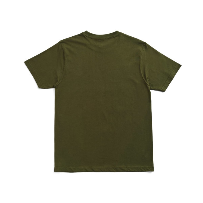 A green modern fit unisex T-shirt displayed from the back, featuring a simple design and no visible branding.