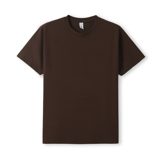 A brown unisex modern fit tee with a classic crew neckline and short sleeves. Features a branding label.