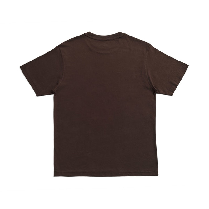 A brown unisex modern fit t-shirt with short sleeves and a plain back. It has a logo on the inside label.
