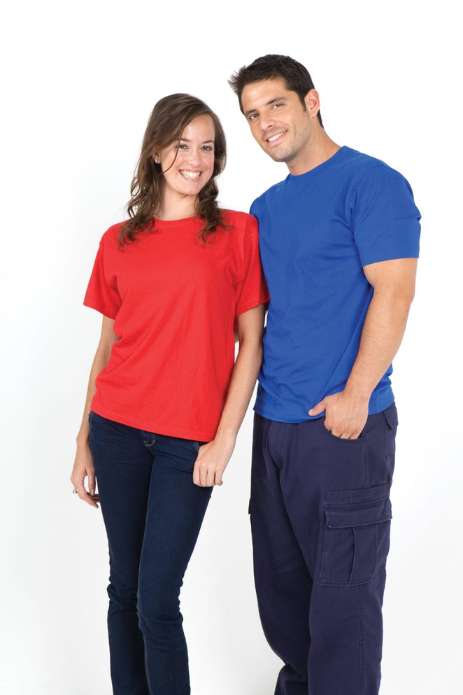 A red unisex modern fit t-shirt on a woman and a blue unisex modern fit t-shirt on a man, both smiling.