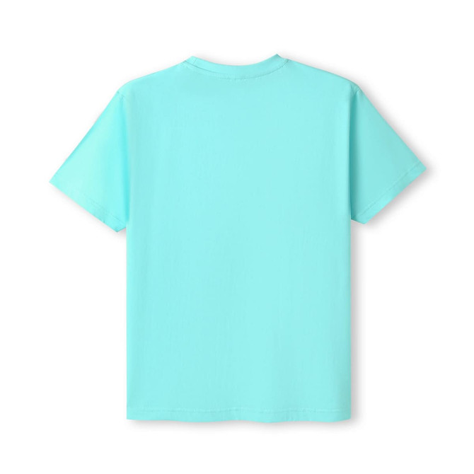 A light blue unisex modern fit t-shirt with short sleeves and a simple design. It features a logo on the back.