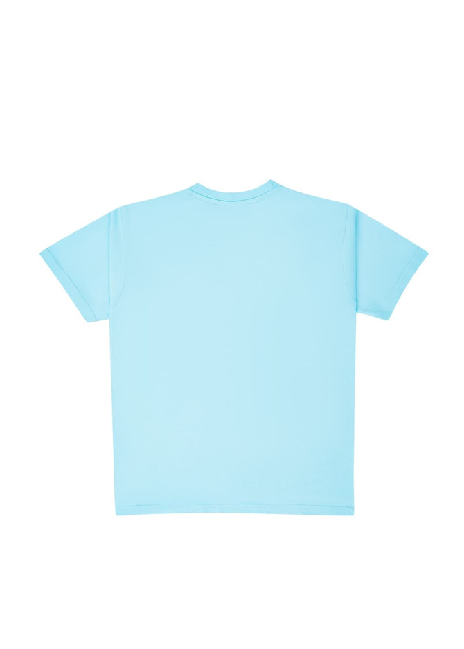 A light blue unisex modern fit t-shirt with short sleeves and a simple design. It features a logo on the back.