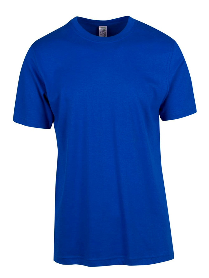 A blue modern fit unisex t-shirt featuring a crew neckline and short sleeves, with a small logo on the tag.