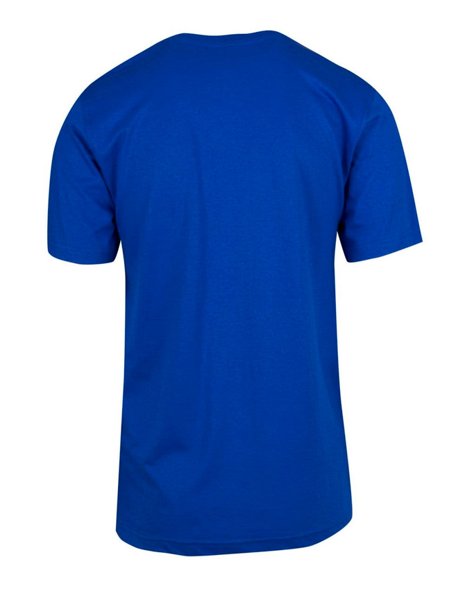 A blue unisex modern fit T-shirt displayed from the back. The shirt has short sleeves and a plain design.