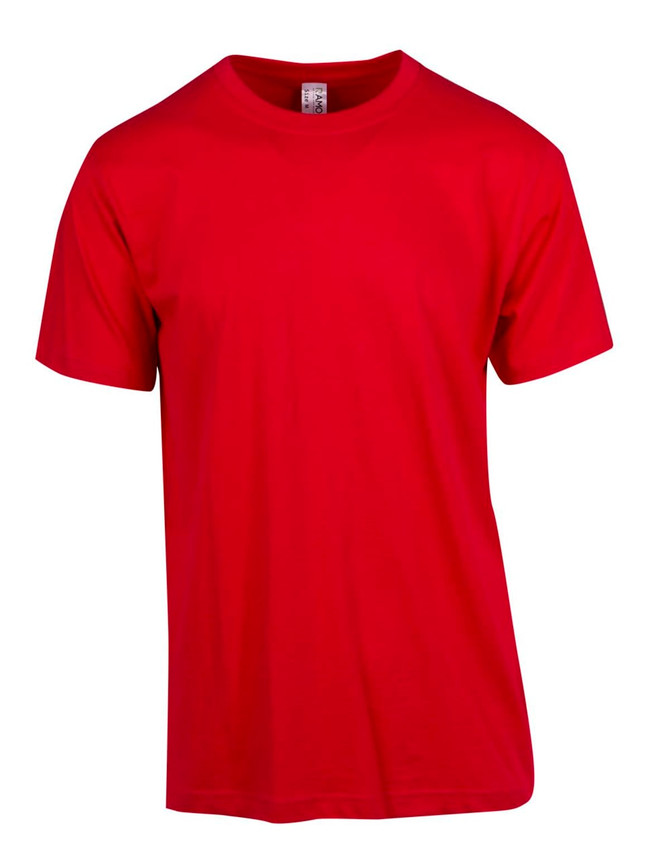 A red unisex modern fit tee with a round neckline and short sleeves. It features a logo on the label.
