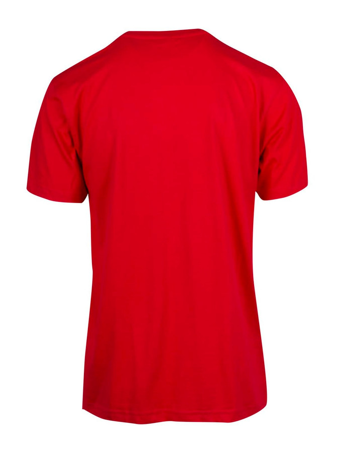 A red modern fit unisex t-shirt with a plain back and short sleeves, featuring a logo.