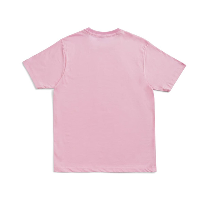 A pink unisex modern fit T-shirt featuring short sleeves and a round neck, with a plain back and a logo.