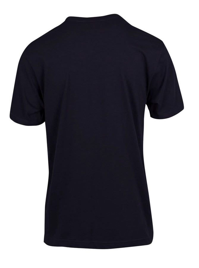 A black modern fit unisex T-shirt, showcasing the back design. Includes a logo on the fabric.