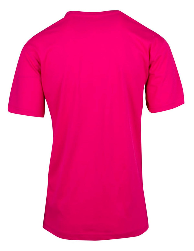 A bright pink unisex modern fit T-shirt with short sleeves, featuring a plain back design.