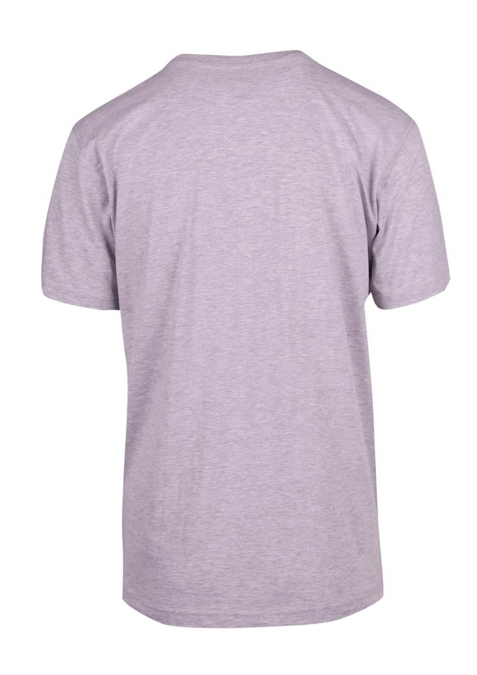 A grey unisex modern fit T-shirt viewed from the back. The shirt has a simple design and features a logo.