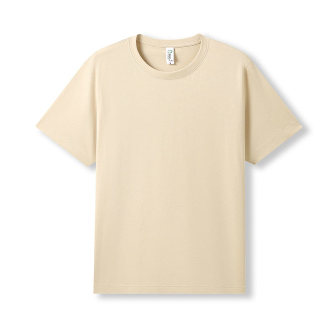 A plain beige unisex modern fit t-shirt featuring short sleeves and a round neckline, with a label tag.