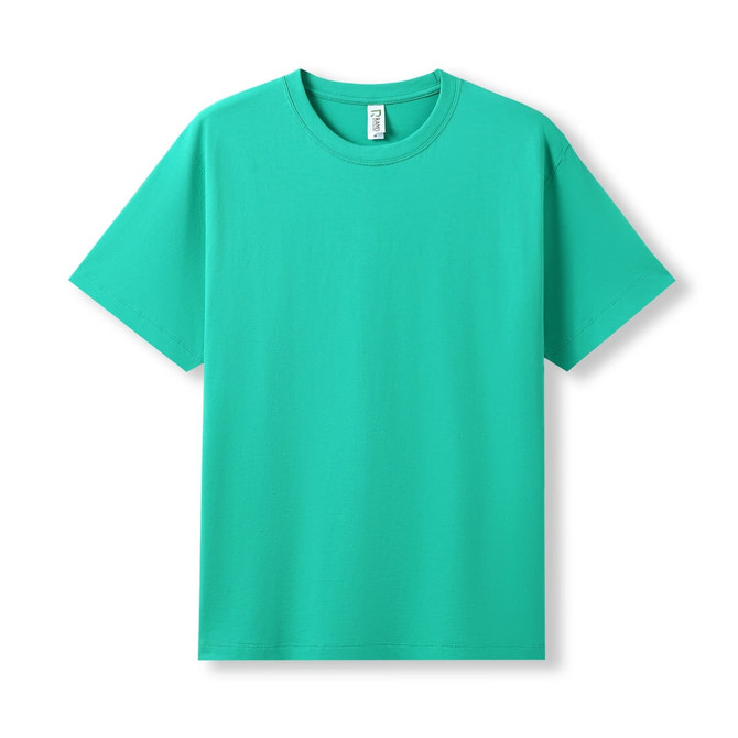 A turquoise modern fit t-shirt with a classic crew neckline and short sleeves. It features a branding label.