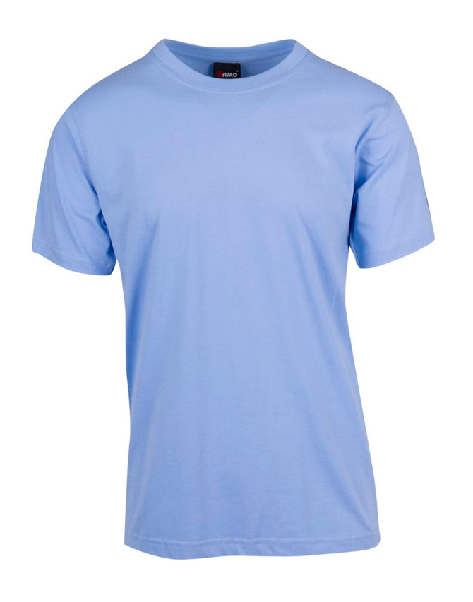 A light blue modern fit unisex T-shirt with a round neckline and short sleeves, featuring a branding logo.