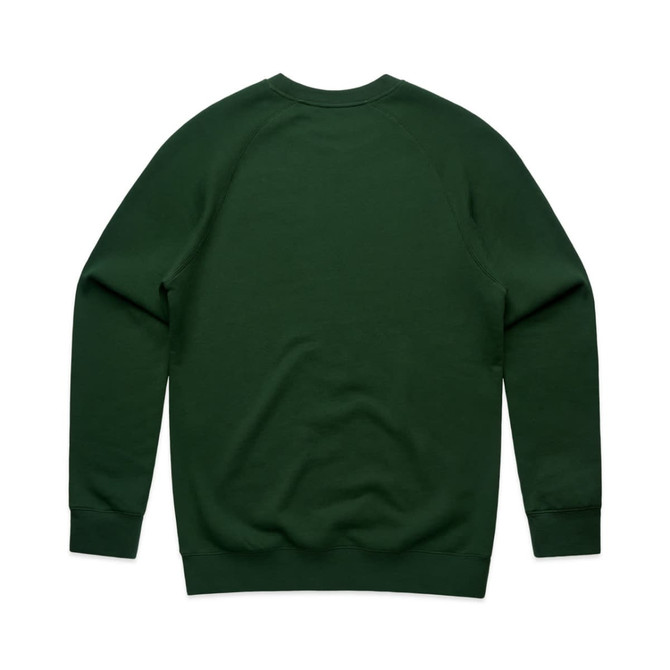 A green jumper with a simple design and raglan sleeves, featuring a logo on the back.