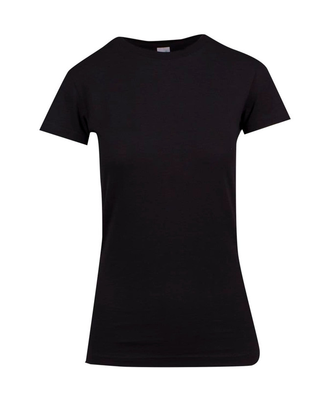 A black women's modern fit T-shirt with a slim silhouette and short sleeves. It features a logo on the garment.