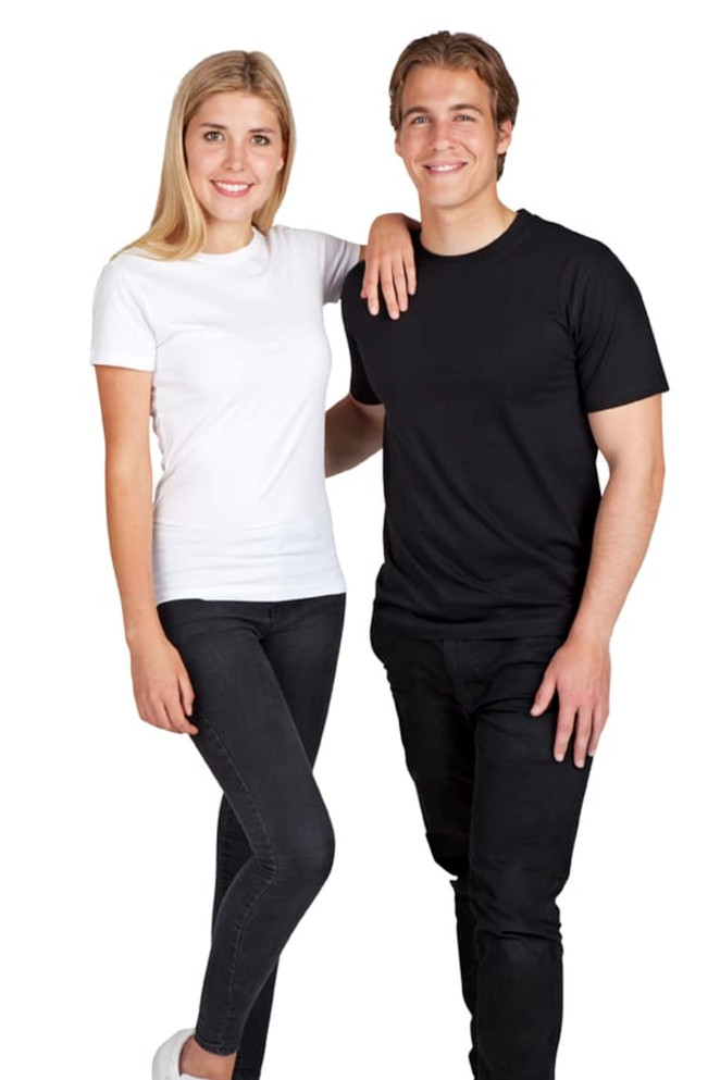 A black and a white women's modern fit T-shirt worn by models, featuring a logo on the shirts.