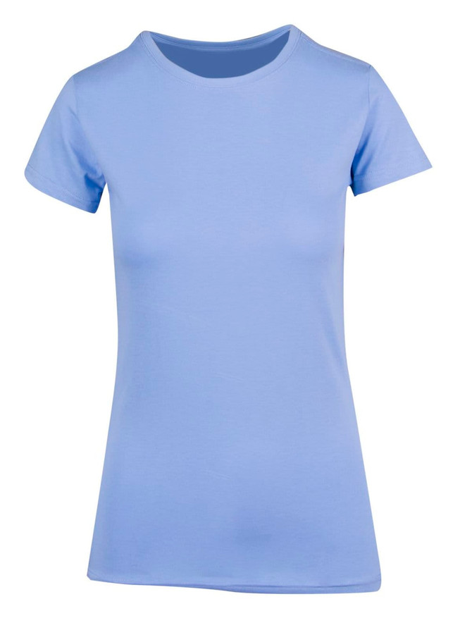 A light blue women's modern fit T-shirt with short sleeves and a round neckline. It features a logo on the front.