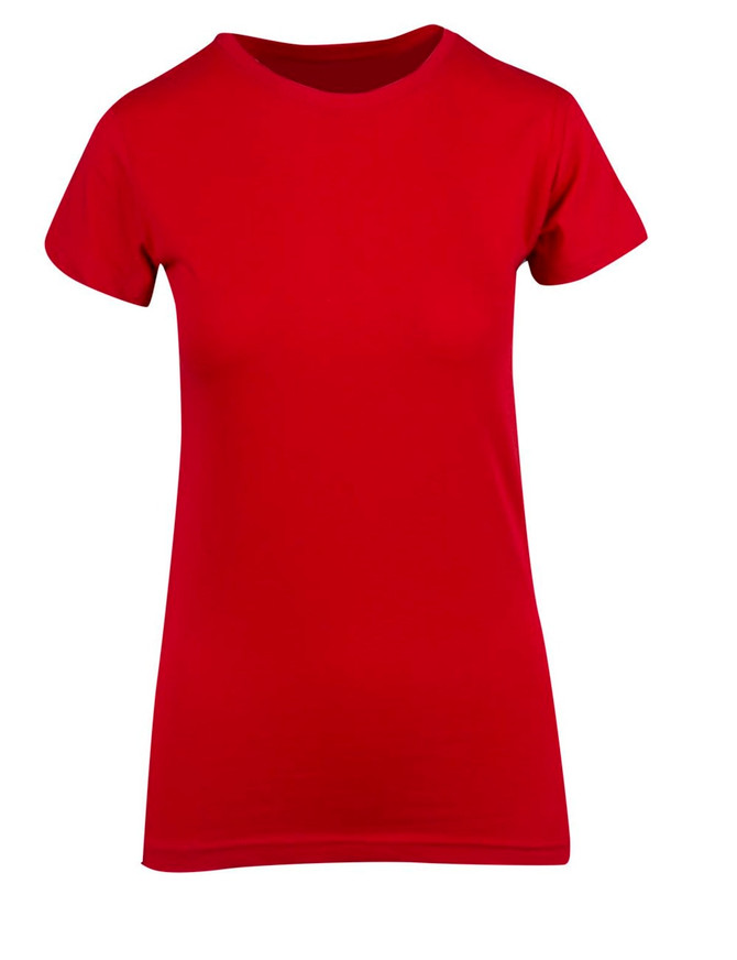 A red women's modern fit T-shirt with short sleeves and a fitted design. It features a logo on the front.